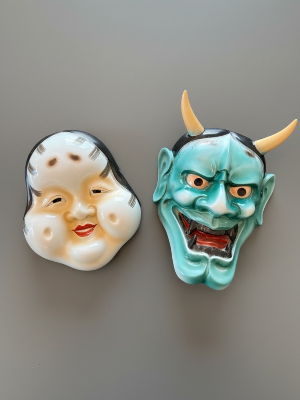 Pair of Japanese Ceramic Wall Hanging Noh and Hannya Oni Masks